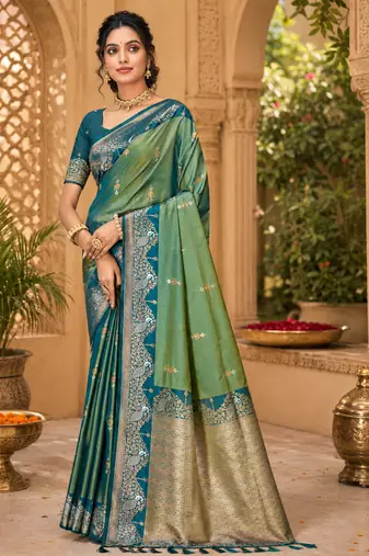 sangam prints sea green soft silk blend woven work traditional saree
