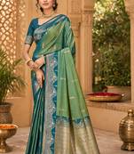 sangam prints sea green soft silk blend woven work traditional saree