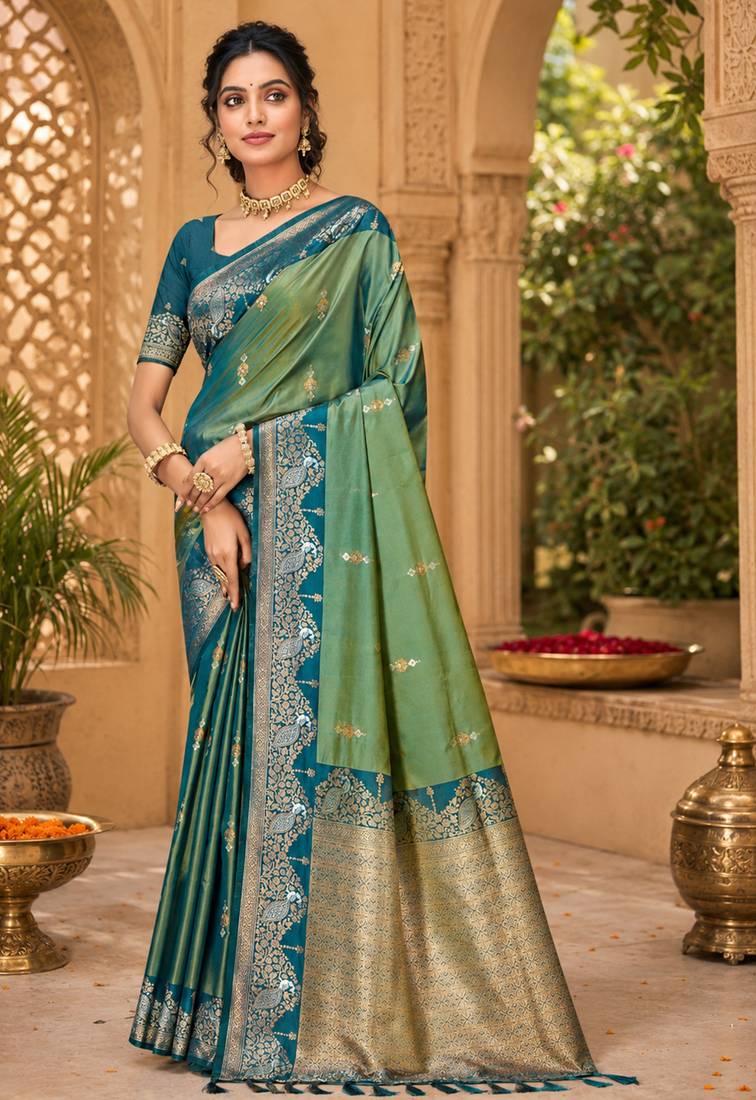 sangam prints sea green soft silk blend woven work traditional saree