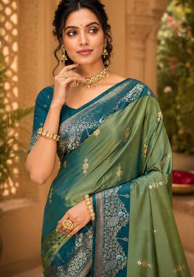 sangam prints sea green soft silk blend woven work traditional saree 2