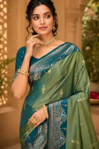 sangam prints sea green soft silk blend woven work traditional saree