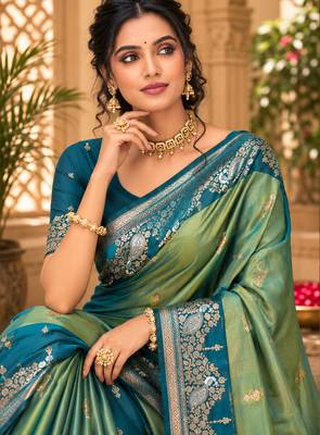 sangam prints sea green soft silk blend woven work traditional saree 3