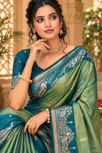 sangam prints sea green soft silk blend woven work traditional saree