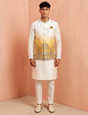 Men banarasi silk kurta and satin jacket set 1