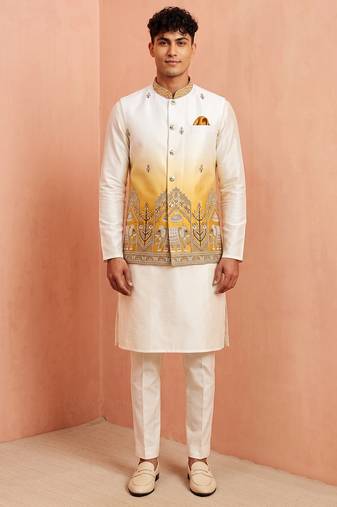 Men banarasi silk kurta and satin jacket set
