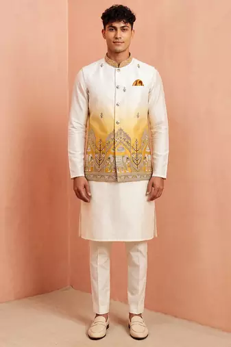 Men banarasi silk kurta and satin jacket set