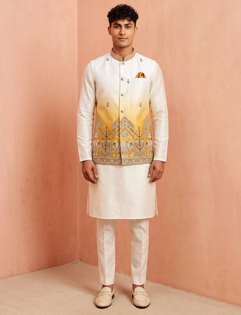 Men banarasi silk kurta and satin jacket set