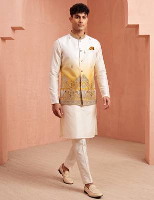 Men banarasi silk kurta and satin jacket set 2
