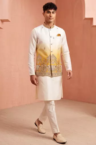 Men banarasi silk kurta and satin jacket set