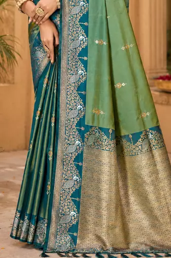 sangam prints sea green soft silk blend woven work traditional saree