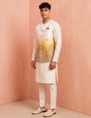 Men banarasi silk kurta and satin jacket set 3