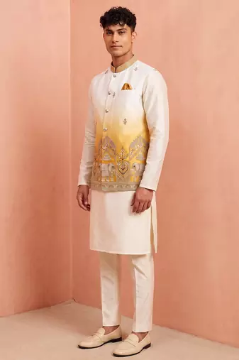 Men banarasi silk kurta and satin jacket set