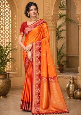 sangam prints bright orange soft silk blend woven work traditional saree 1