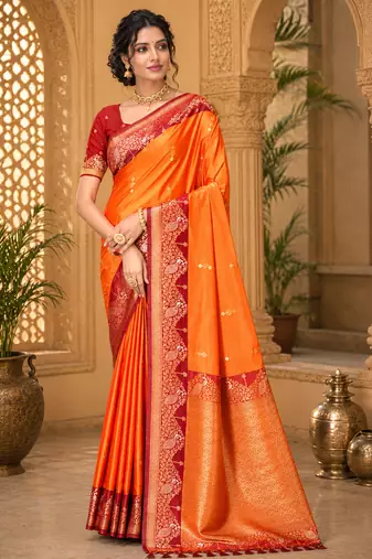 sangam prints bright orange soft silk blend woven work traditional saree