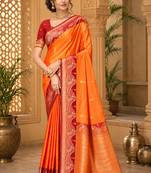 sangam prints bright orange soft silk blend woven work traditional saree