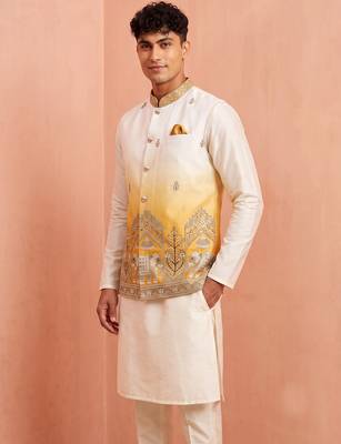Men banarasi silk kurta and satin jacket set 4