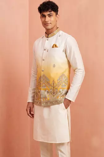 Men banarasi silk kurta and satin jacket set