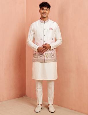 Men banarasi silk kurta and satin jacket set 1
