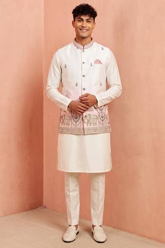 Men banarasi silk kurta and satin jacket set