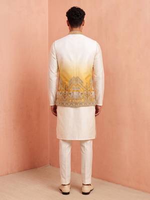Men banarasi silk kurta and satin jacket set 5