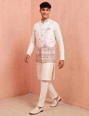 Men banarasi silk kurta and satin jacket set 2