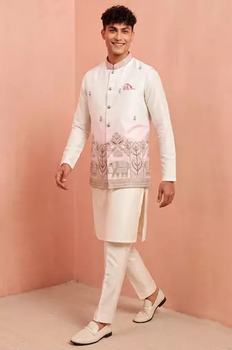 Men banarasi silk kurta and satin jacket set