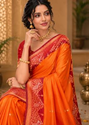 sangam prints bright orange soft silk blend woven work traditional saree 2