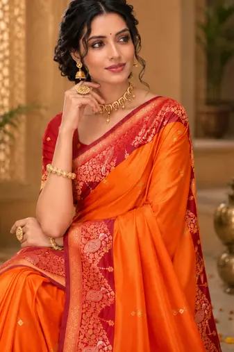 sangam prints bright orange soft silk blend woven work traditional saree