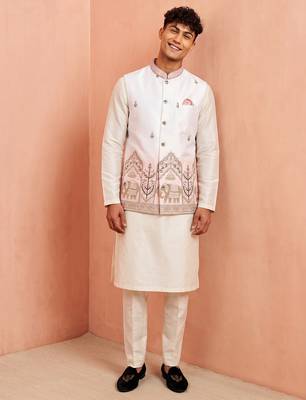 Men banarasi silk kurta and satin jacket set 3