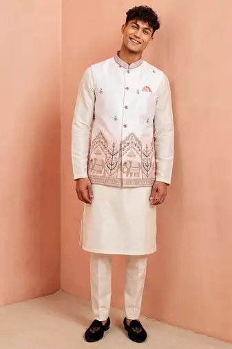 Men banarasi silk kurta and satin jacket set