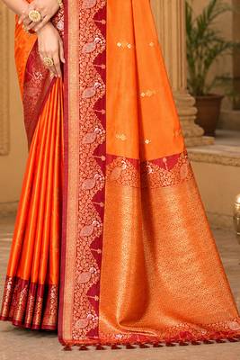 sangam prints bright orange soft silk blend woven work traditional saree 3