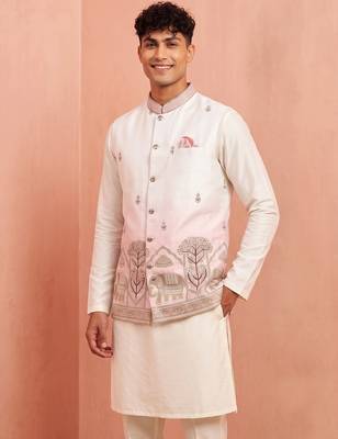 Men banarasi silk kurta and satin jacket set 4