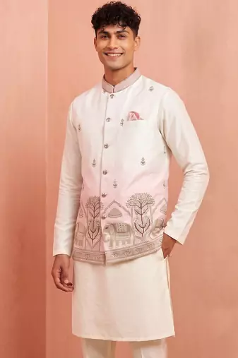 Men banarasi silk kurta and satin jacket set