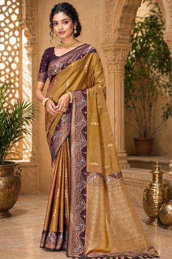 sangam prints olive gold soft silk blend woven work traditional saree