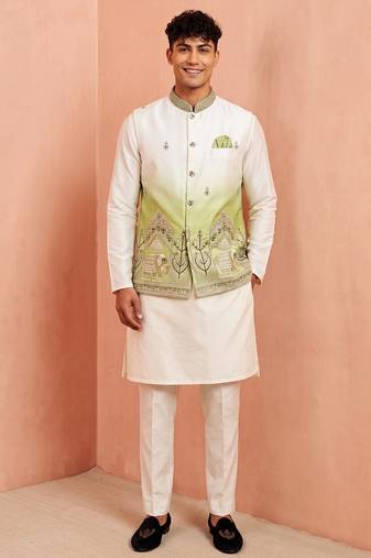Men banarasi silk kurta and satin jacket set