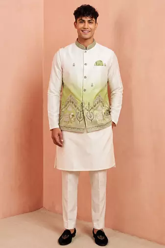Men banarasi silk kurta and satin jacket set