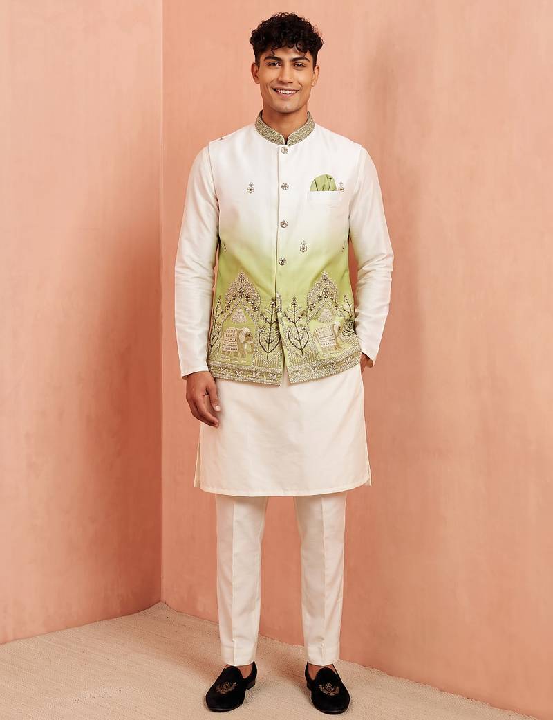 Men banarasi silk kurta and satin jacket set