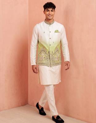 Men banarasi silk kurta and satin jacket set 2