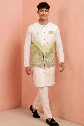 Men banarasi silk kurta and satin jacket set