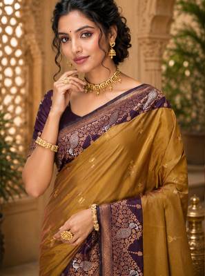 sangam prints olive gold soft silk blend woven work traditional saree 2