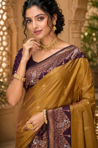 sangam prints olive gold soft silk blend woven work traditional saree