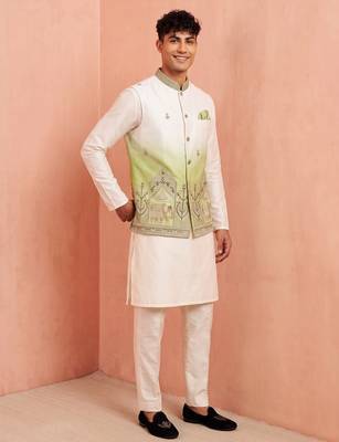 Men banarasi silk kurta and satin jacket set 3