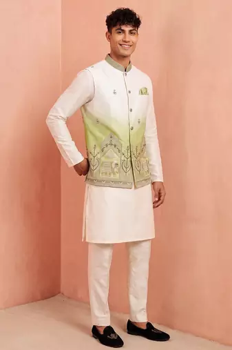 Men banarasi silk kurta and satin jacket set