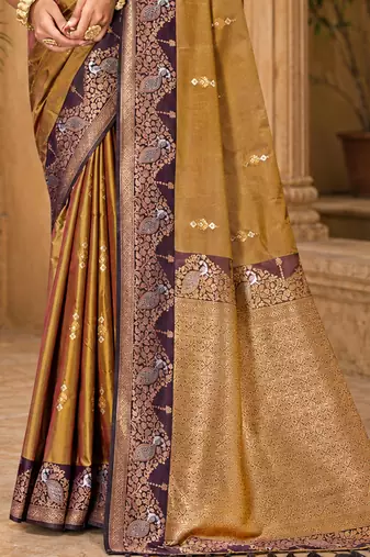 sangam prints olive gold soft silk blend woven work traditional saree