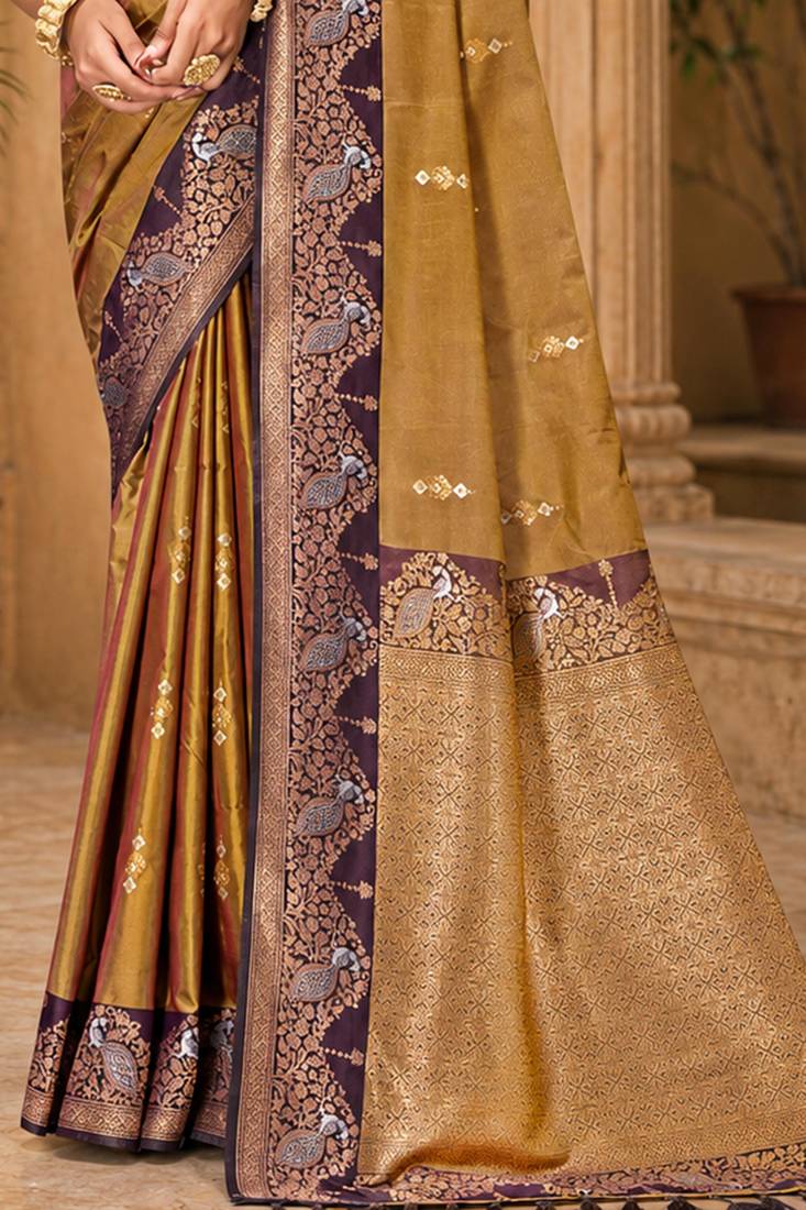 sangam prints olive gold soft silk blend woven work traditional saree