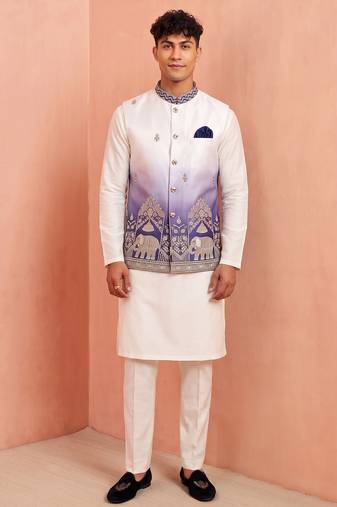 Men banarasi silk kurta and satin jacket set
