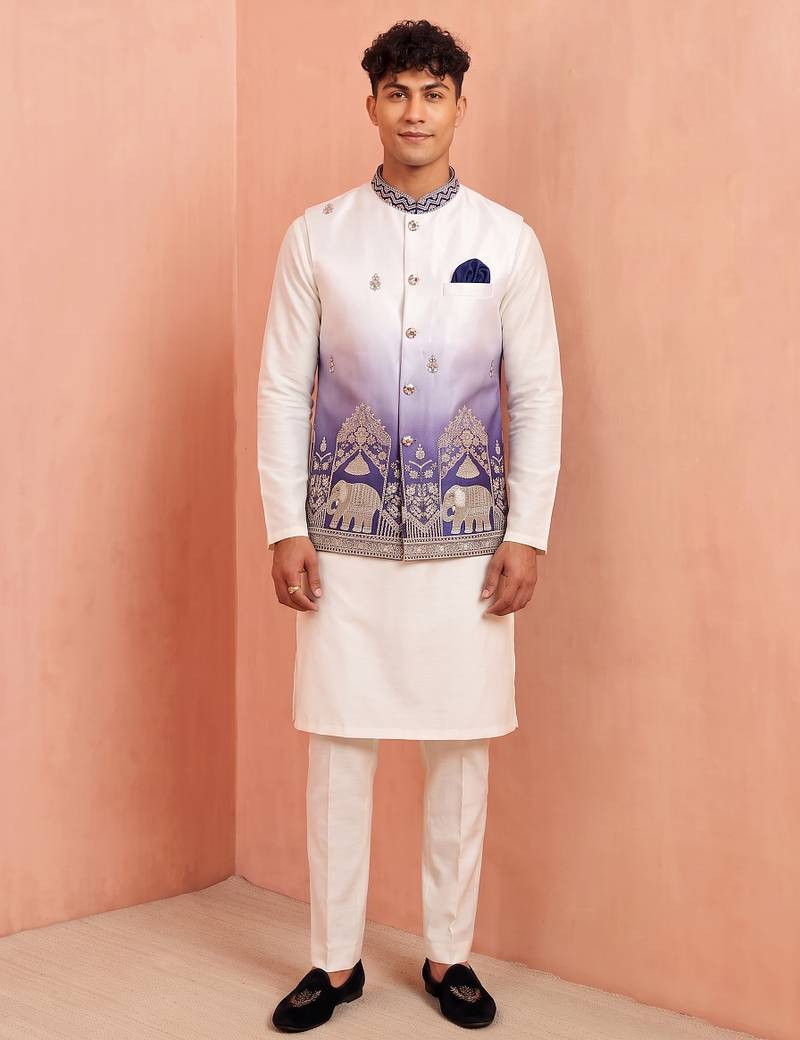 Men banarasi silk kurta and satin jacket set