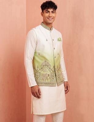 Men banarasi silk kurta and satin jacket set 4