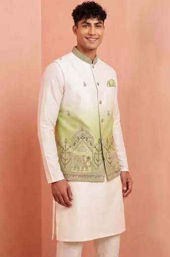 Men banarasi silk kurta and satin jacket set