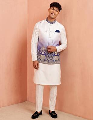 Men banarasi silk kurta and satin jacket set 2